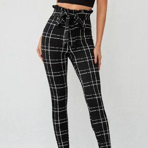 Paperbag Waist Belted Plaid Pants